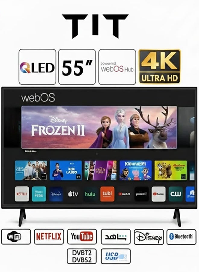 تي اي تي تلفزيون TIT الذكي فائق الوضوح 4K بتقنية QLED وWebOS مقاس 55 بوصة، مزود بتقنية Wi-Fi مدمجة، اللون: أسود | T55W525 - Image 1